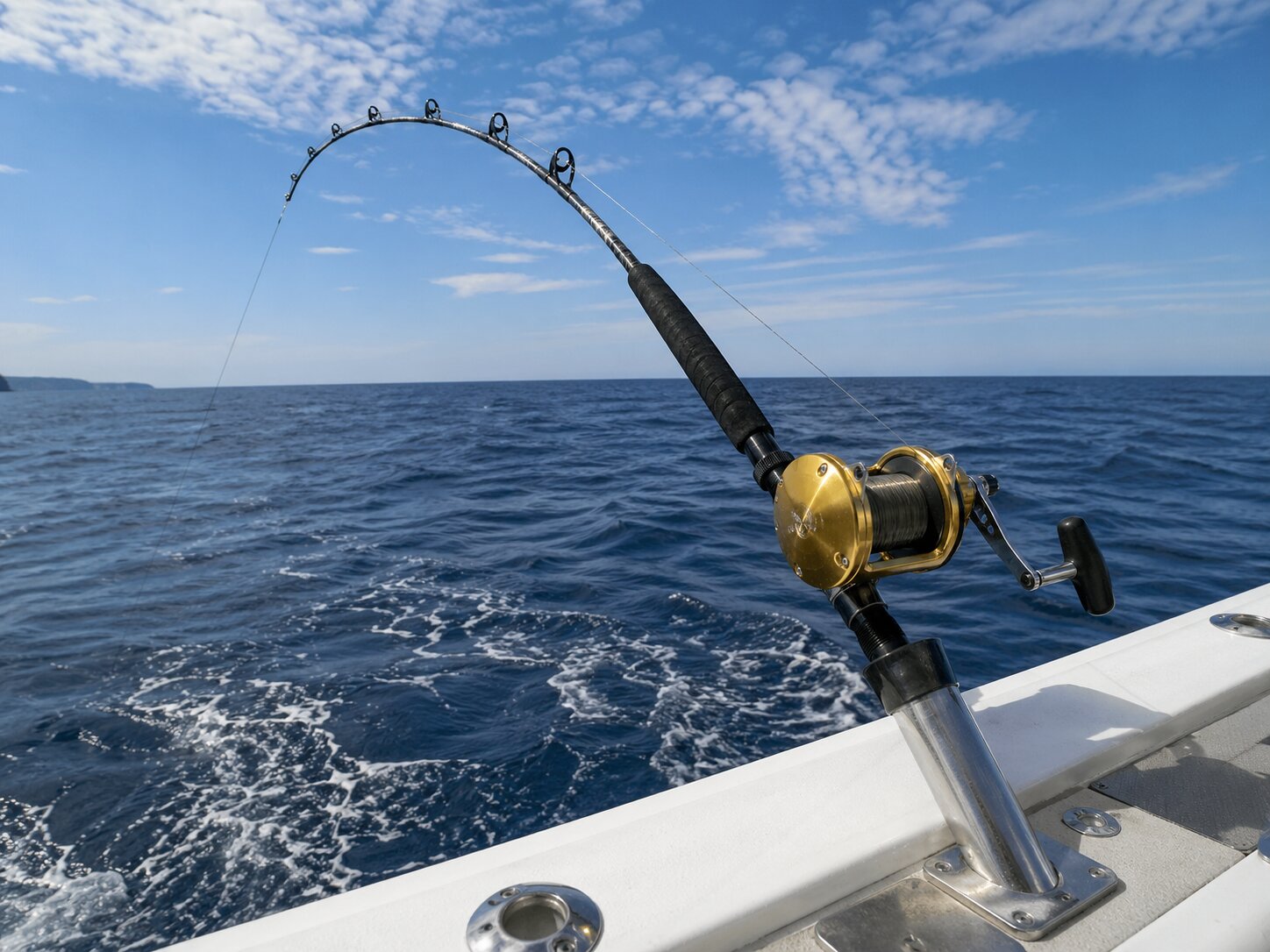 Rod bent under a bluefin tuna